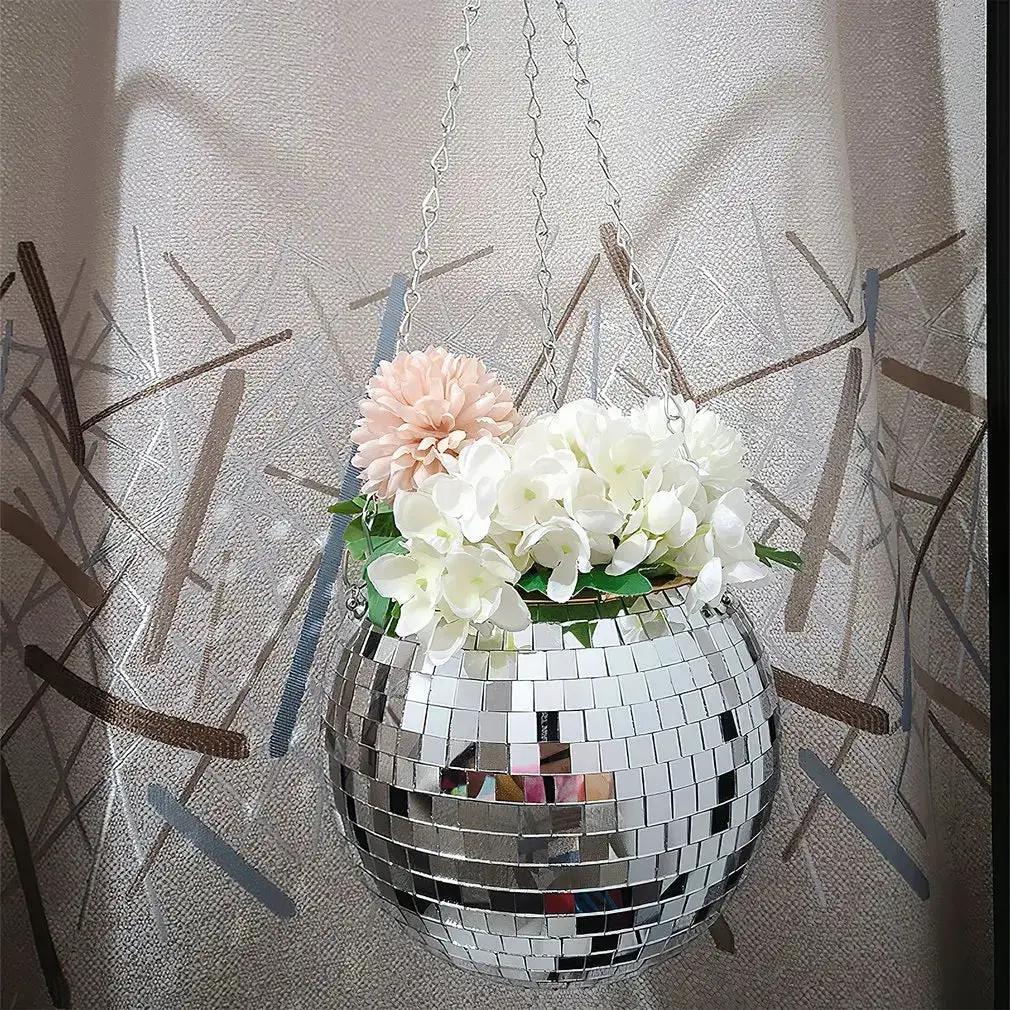 Disco Ball Hanging Flower Pot with mirrored tiles and chains, white hydrangeas and peach bloom on Tampa Home & Garden Store
