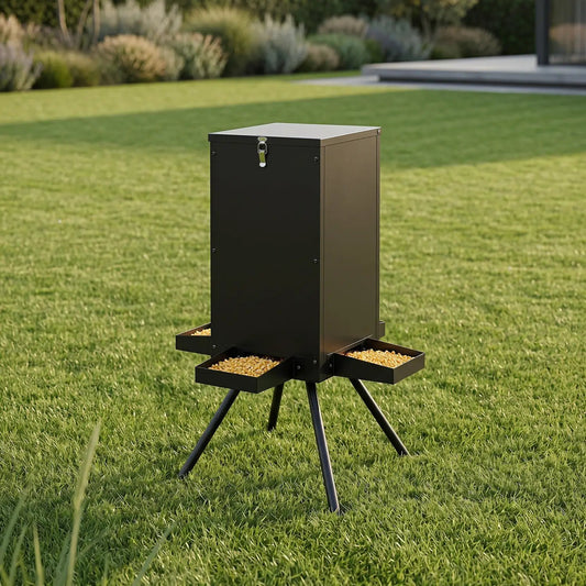 90lb Gravity Deer Feeder, 4 Trays, black metal stand wildlife feeder DirectDeals in yard on Tampa Home & Garden Store