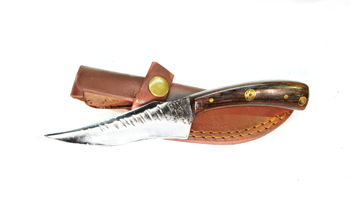 TC-055 Titan hunting knife with dark wood handle and brass pins in a brown leather sheath on Tampa Home & Garden Store