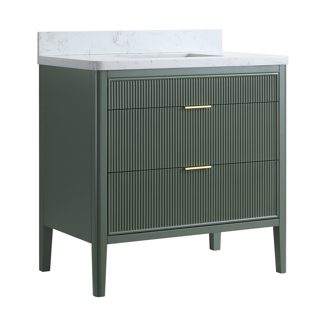 36 Inch solid wood bathroom vanity in grey with marble top, ribbed drawers, gold hardware on Tampa Home & Garden Store