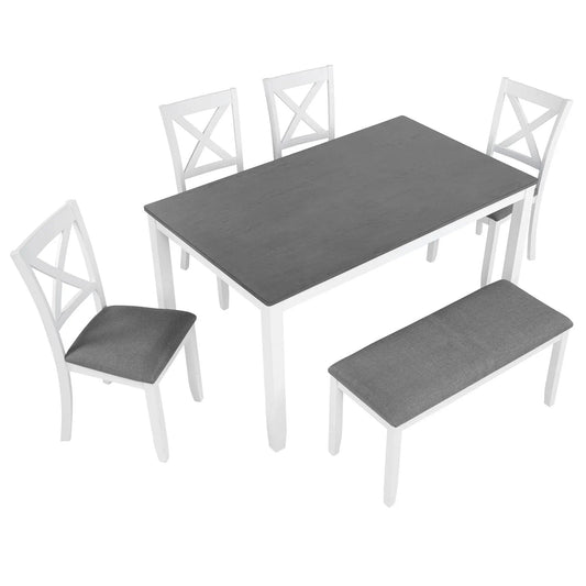 Modern 5-piece dining table set with four white chairs and a grey woodgrain tabletop on Tampa Home & Garden Store