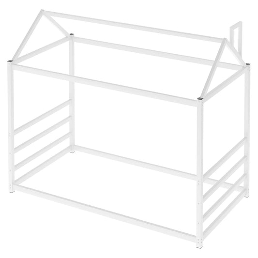 White metal house-style platform bed frame with roof peak chimney accents VIP Digital Presence on Tampa Home & Garden Store
