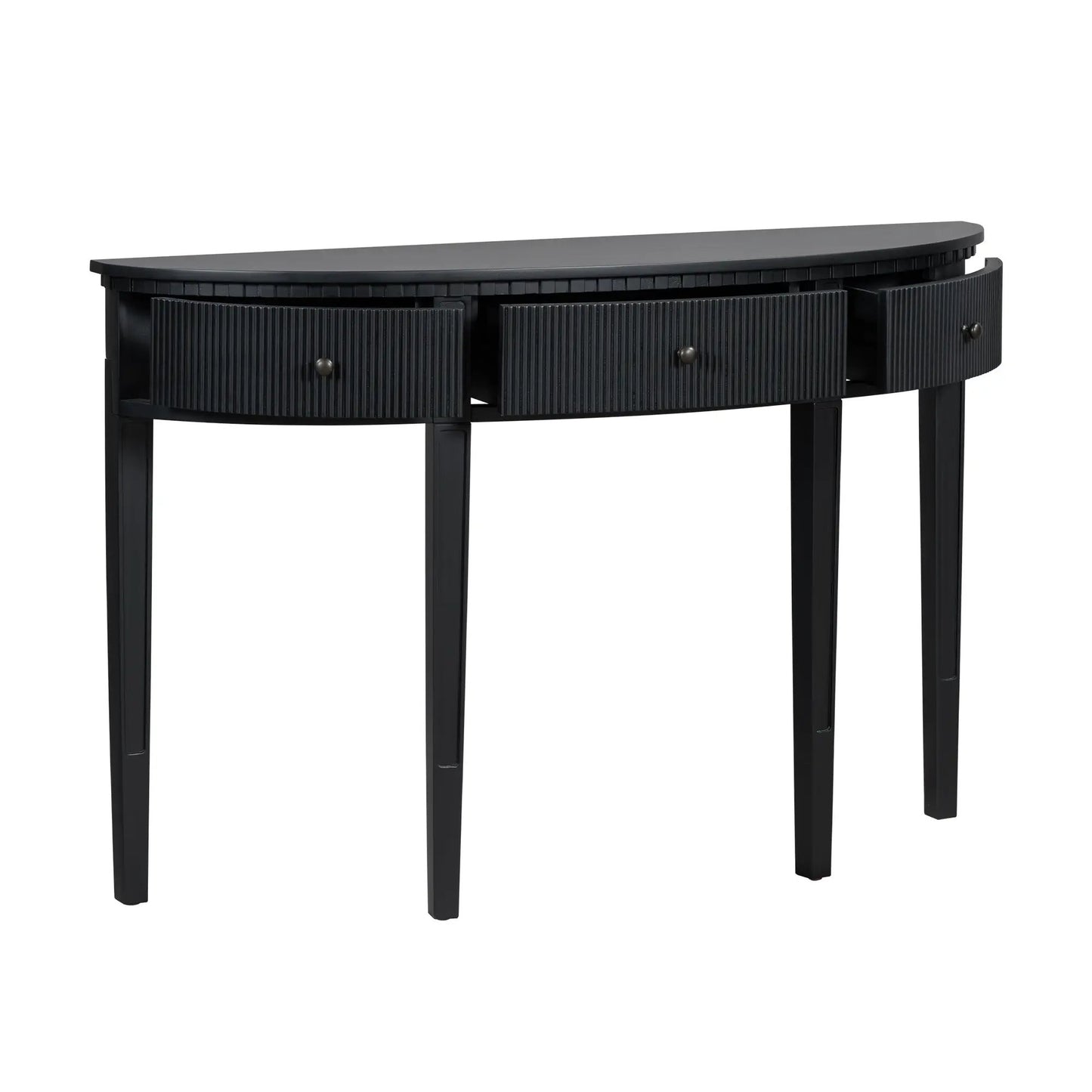 Black pine veneer console table with curved front and three ribbed drawers with round knobs on Tampa Home & Garden Store