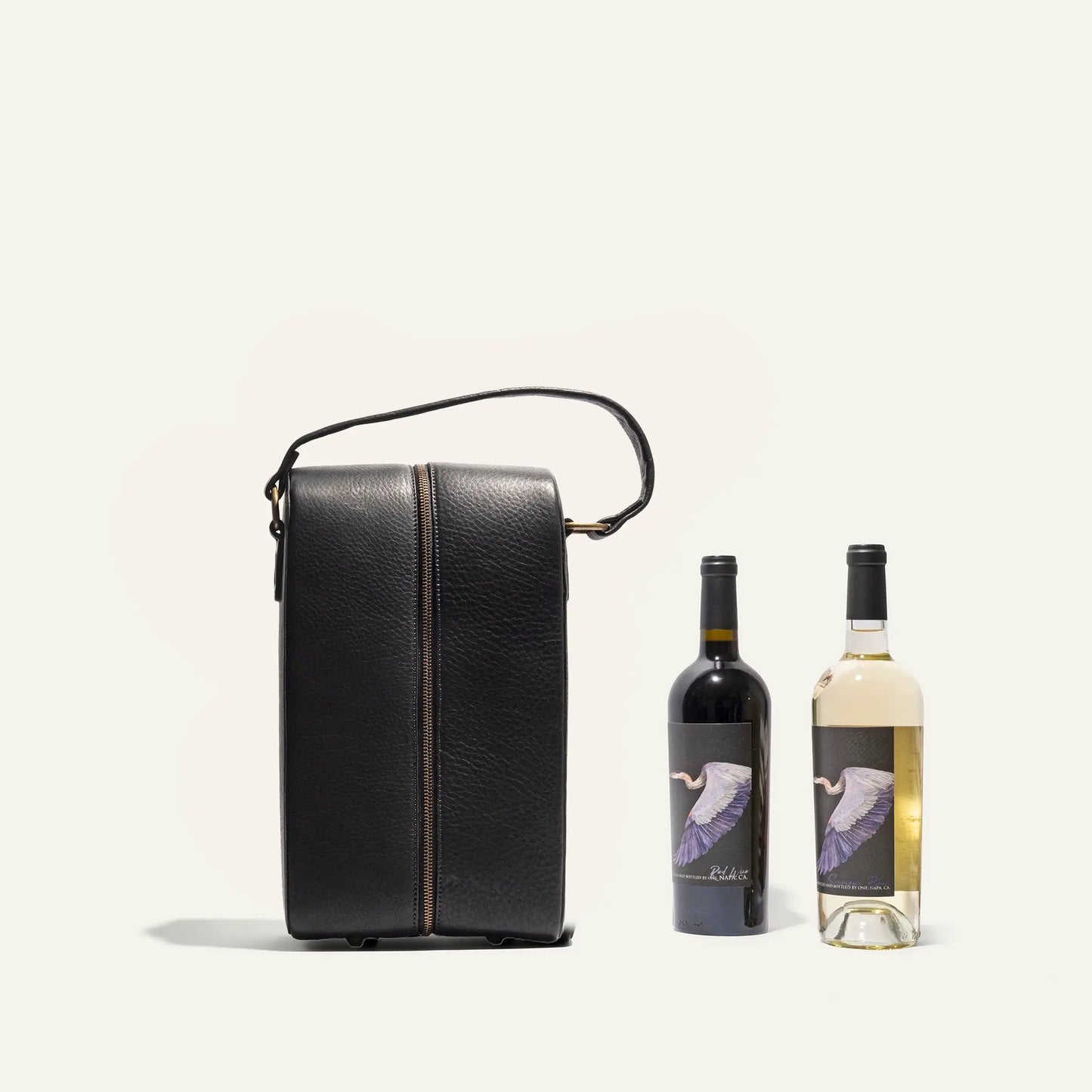 Zippered black leather double wine bottle carrier by Will Leather Goods with shoulder strap on Tampa Home & Garden Store