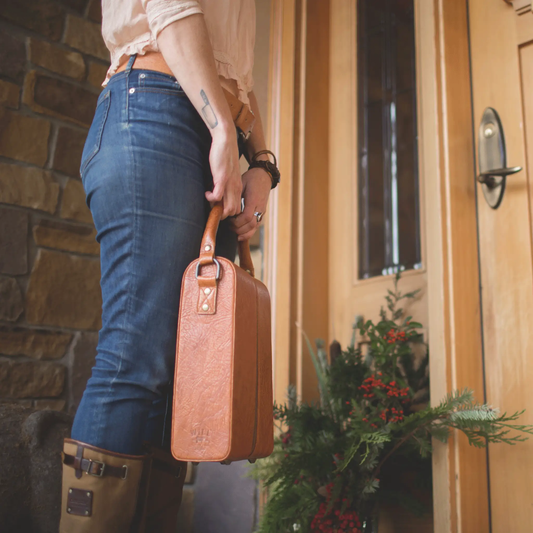 Zippered leather double bottle wine carrier by Will Leather Goods in tan leather on Tampa Home & Garden Store