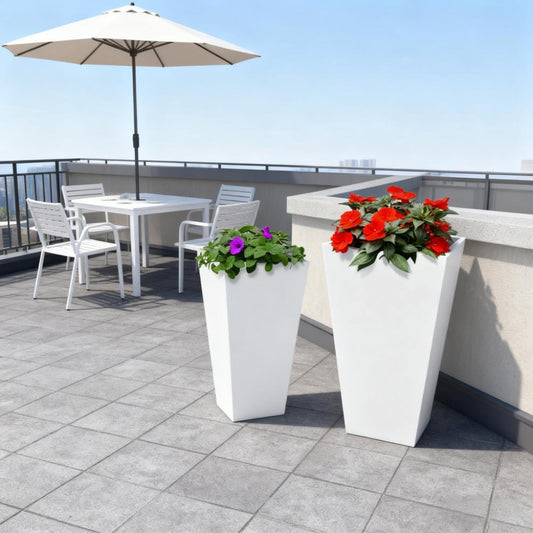 Flower pots 2-pack white angular planters with drainage holes; red and purple blooms on a balcony with white furniture on Tampa Home & Garden Store