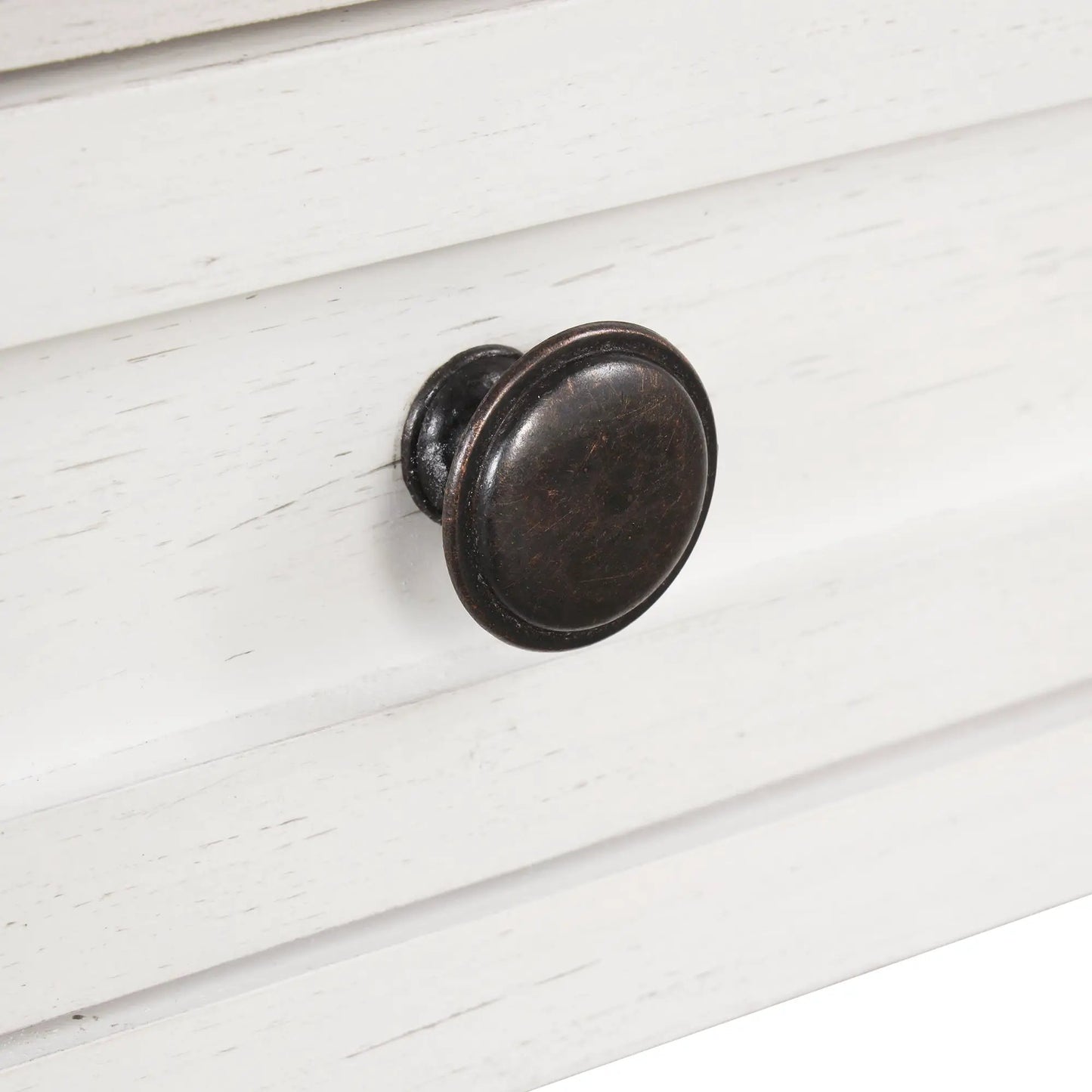 36 inch farmhouse pine console table closeup with dark bronze round knob on whitewashed wood on Tampa Home & Garden Store