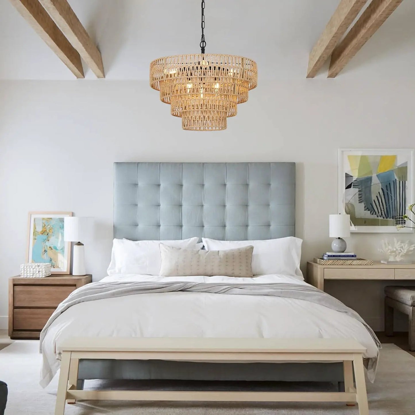 Six Light Dining Room Fixture Wicker Lampshade