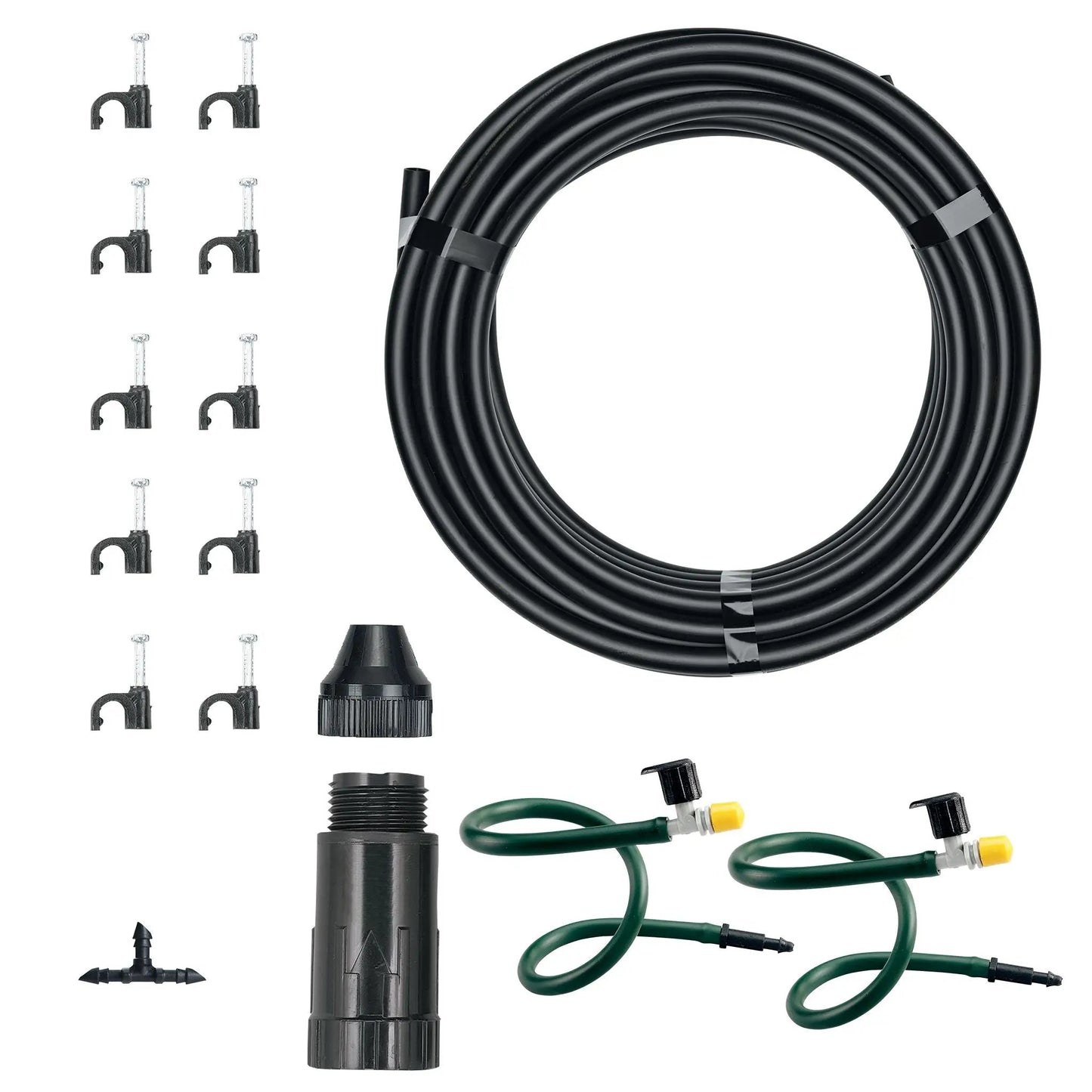 Orbit Hanging Basket Irrigation Kit with Flex Misters, black drip tubing and green hoses on Tampa Home & Garden Store