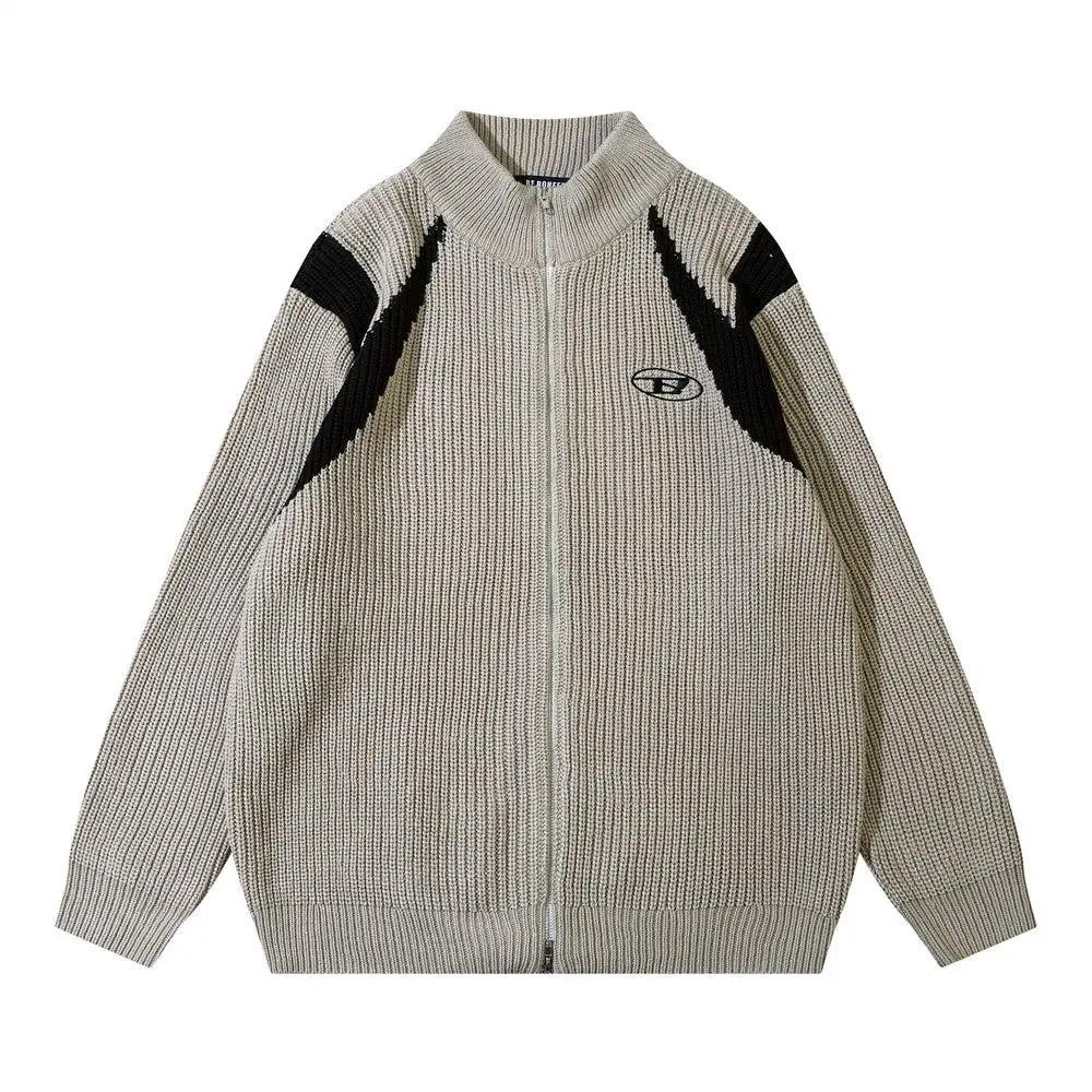 Color-block zipper cardigan for men with stand collar in beige knit, black shoulder panels, VIP Digital Presence logo on chest on Tampa Home & Garden Store