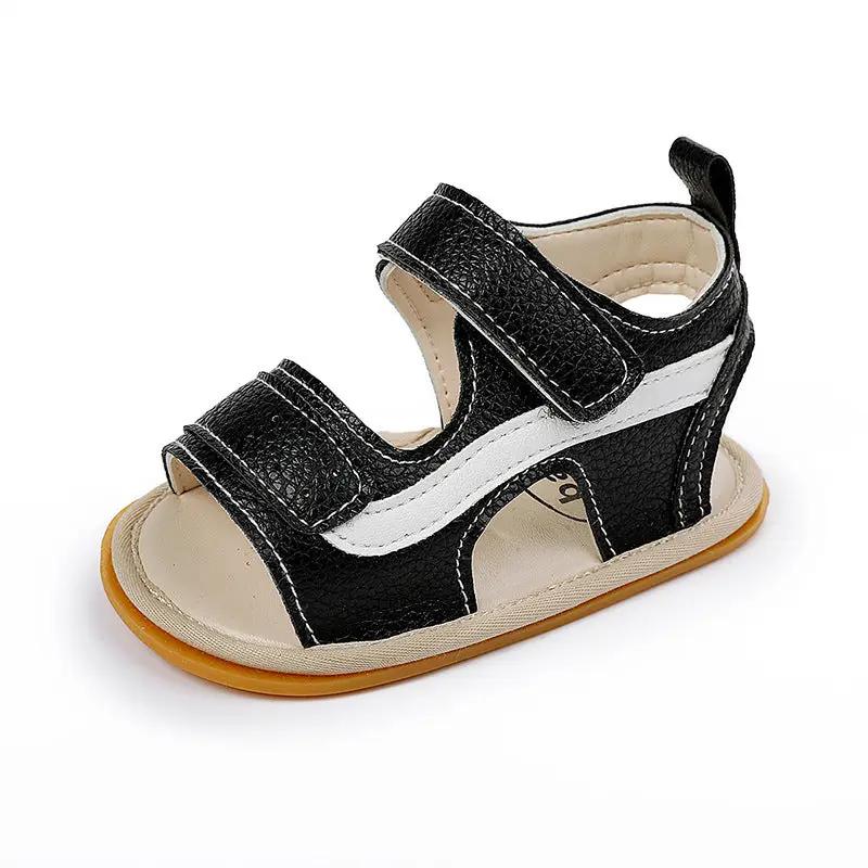 Baby Boy Sandals black faux leather with white stripe, two Velcro straps, tan sole 0–12 months on Tampa Home & Garden Store