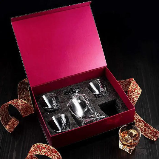 Helix Decanter Set with crystal decanter and four glasses in pink gift box on Tampa Home & Garden Store