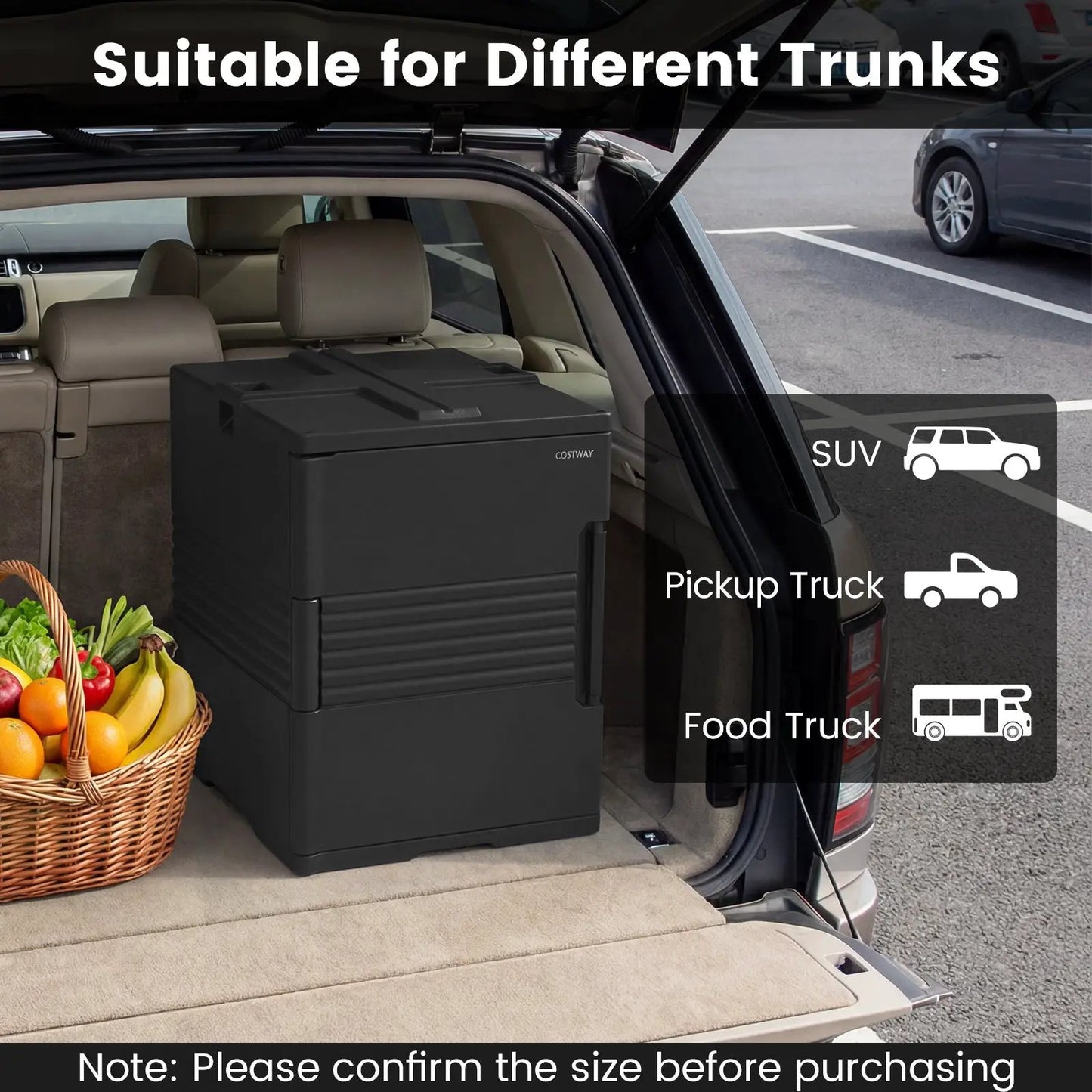 91 Qt insulated food pan carrier in black shown in SUV trunk DirectDeals cooler on Tampa Home & Garden Store