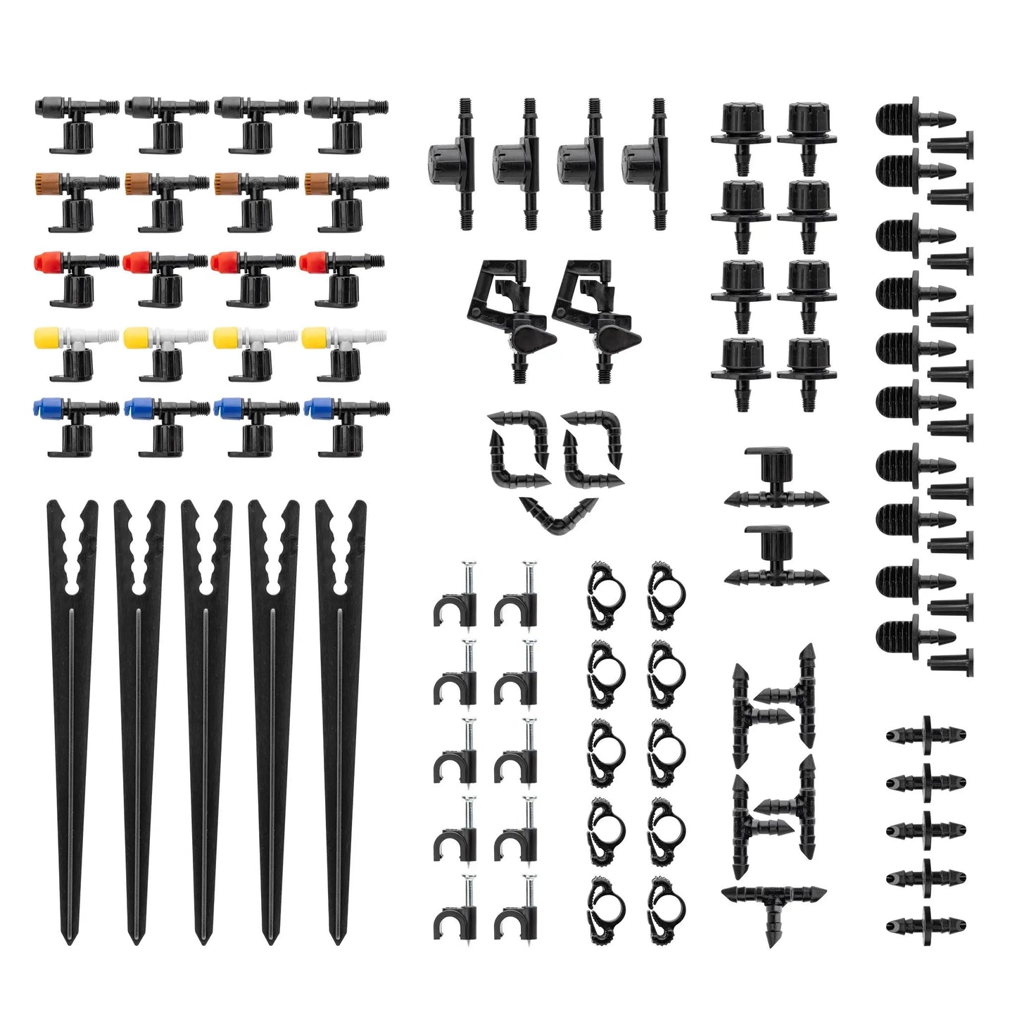 92-Piece Orbit Drip Irrigation Parts Assortment with black fittings and colored connectors on Tampa Home & Garden Store