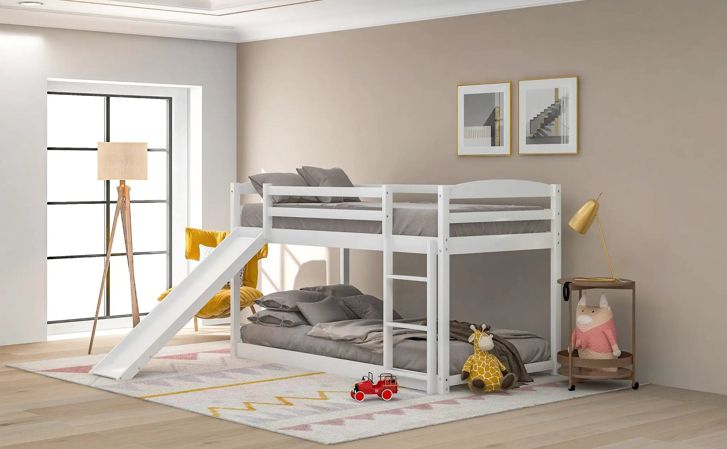 White wooden twin-over-twin bunk bed with slide and ladder on Tampa Home & Garden Store