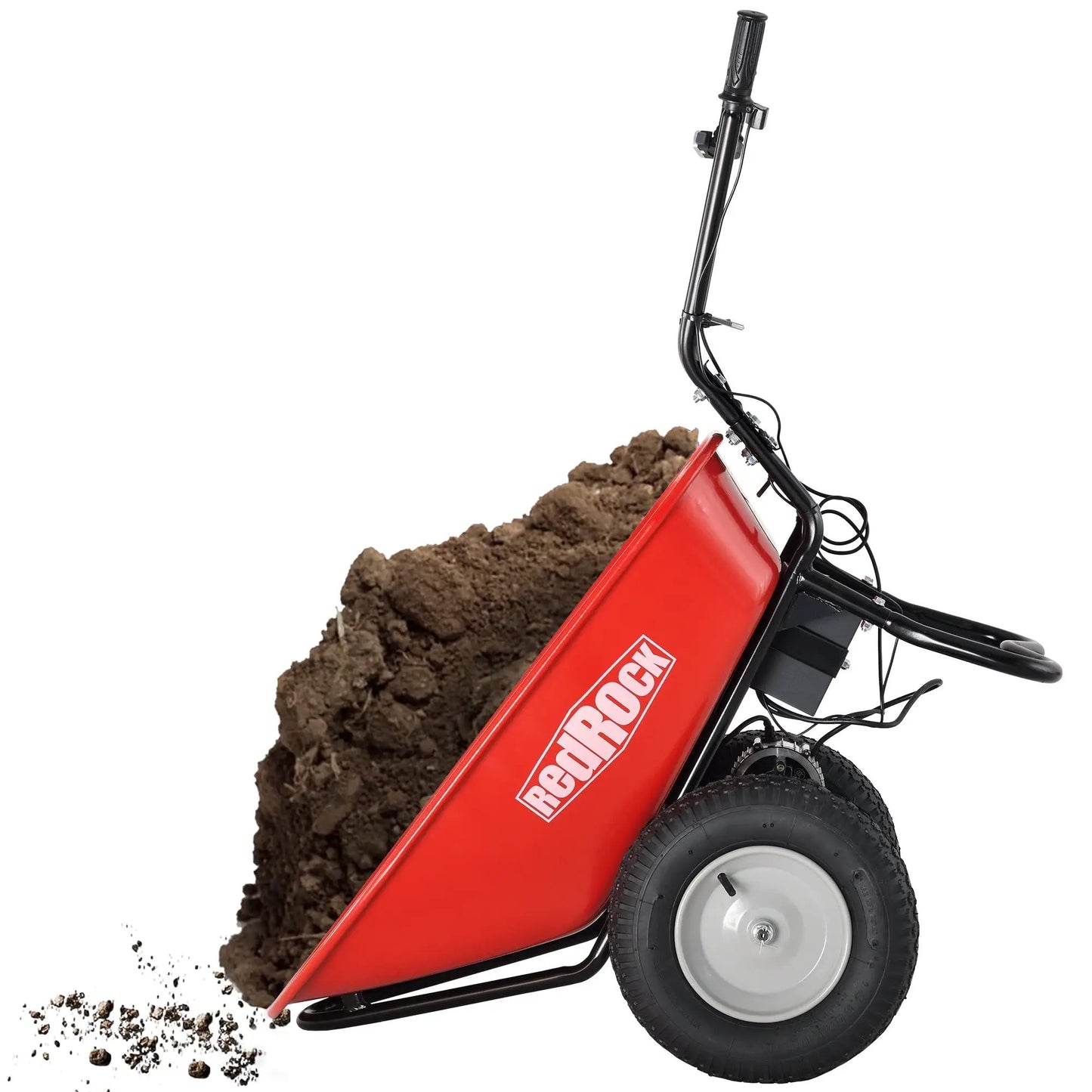 Red Rock electric wheelbarrow with red tub, black handlebar, carrying dirt on Tampa Home & Garden Store