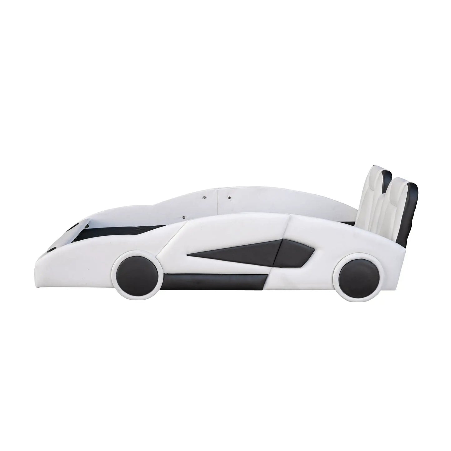 White twin-size race car platform bed with wheels, black accents on Tampa Home & Garden Store