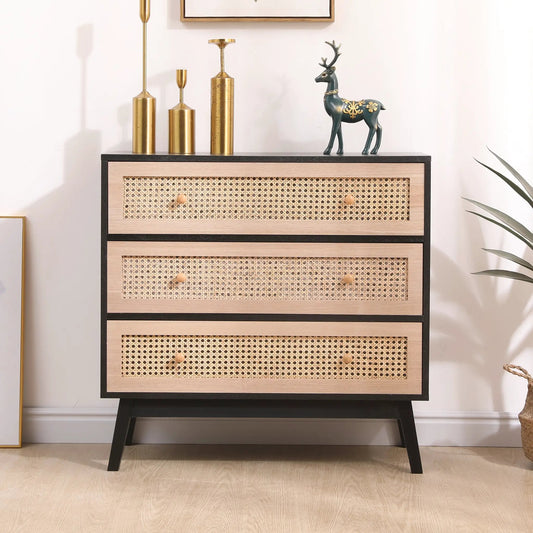 31.5-inch 3-drawer rattan storage cabinet with caned fronts and black frame on Tampa Home & Garden Store