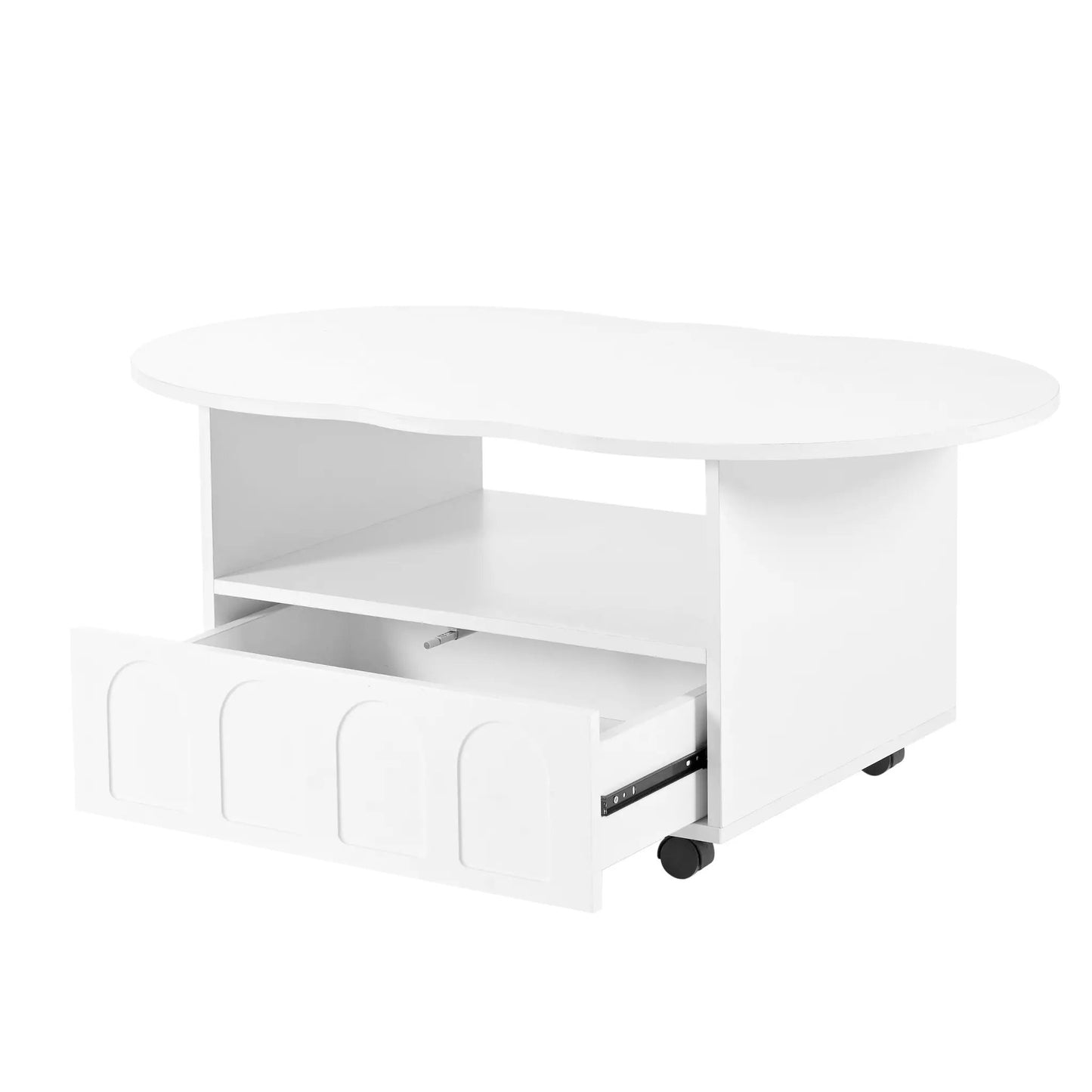On Trend Flexible Cream Coffee Table with Drawers, white curved front, mobile wheels on Tampa Home & Garden Store