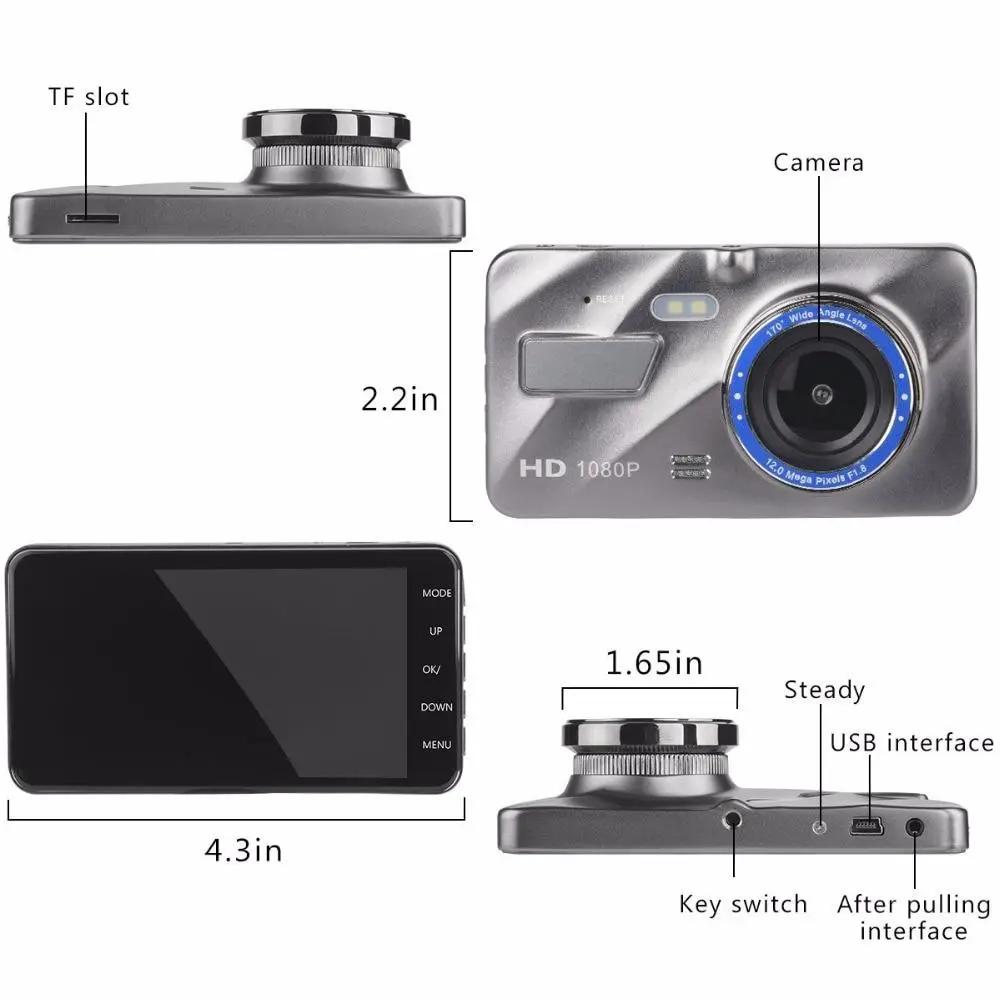 Cámara DVR para coche con doble lente y pantalla IPS de 4" Full HD 1080P Dash Cam Delantera