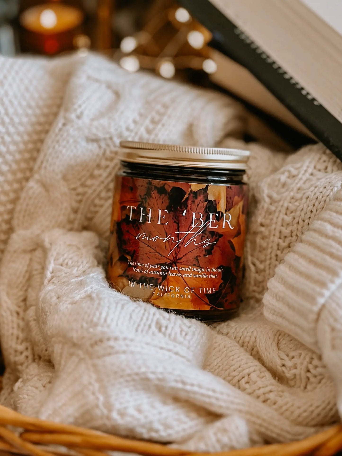 Candle Ber Months Spiced Apple Chai by In the Wick of Time in amber jar with leaf label knit on Tampa Home & Garden Store