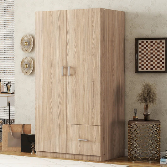 Natural wooden double wardrobe with doors, bottom drawer and silver handles on Tampa Home & Garden Store