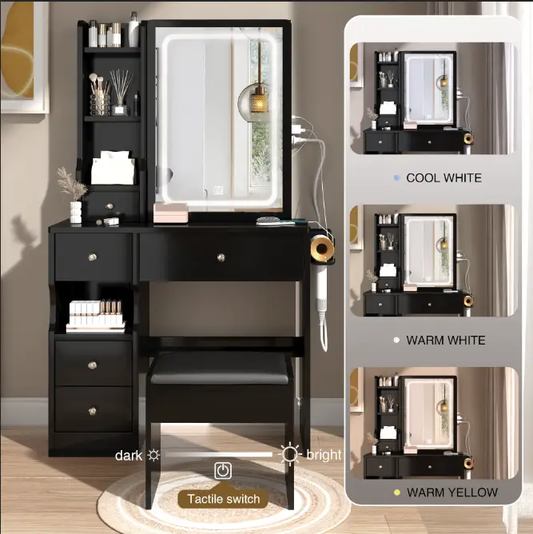 Left Drawer Vanity Desk with Cushioned Stool, black finish, LED mirror and makeup shelves on Tampa Home & Garden Store