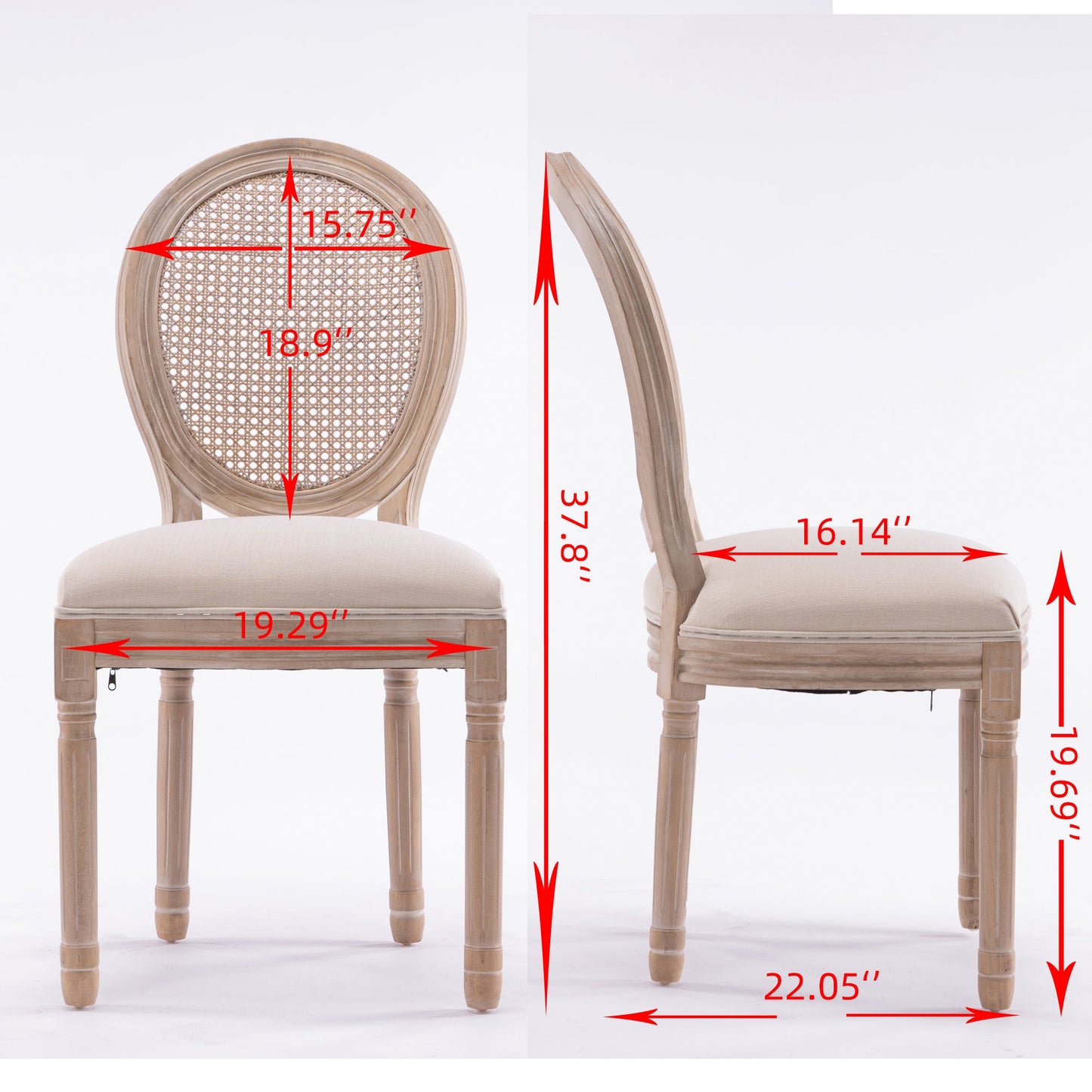 Juego de 2 sillas de comedor de estilo francés con estructura de madera maciza, pintura antigua, tela de lino y respaldo de ratán, color crema