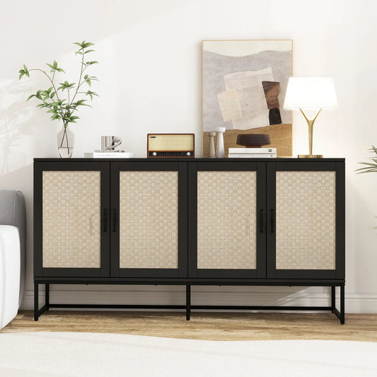 Rattan 4-Door Sideboard with Modern Storage, black frame and woven rattan doors on Tampa Home & Garden Store