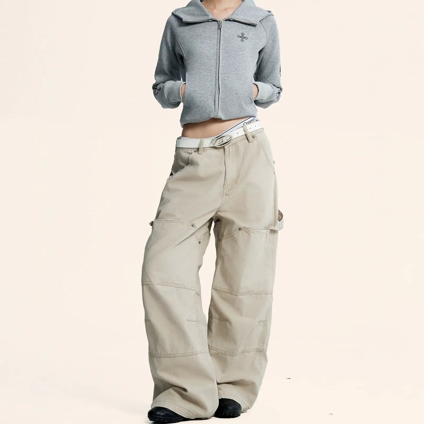 Womens Versatile Retro American-style Workwear Denim Jeans zip-front hoodie beige cargo pants on Tampa Home & Garden Store