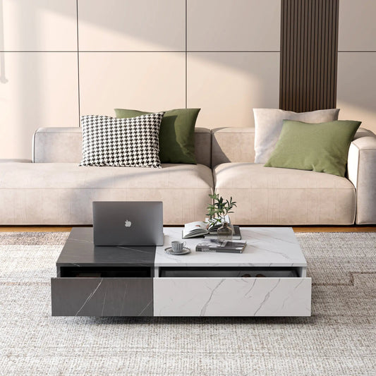 Black and White Coffee Table With Storage with a two-tone marble top and built-in shelf on Tampa Home & Garden Store
