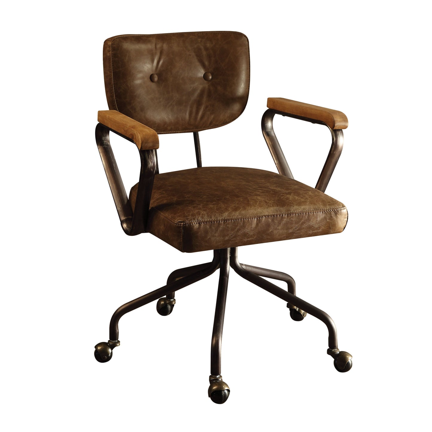 Hallie Vintage Whiskey Top Grain Leather Office Chair brown leather with wood armrests on Tampa Home & Garden Store