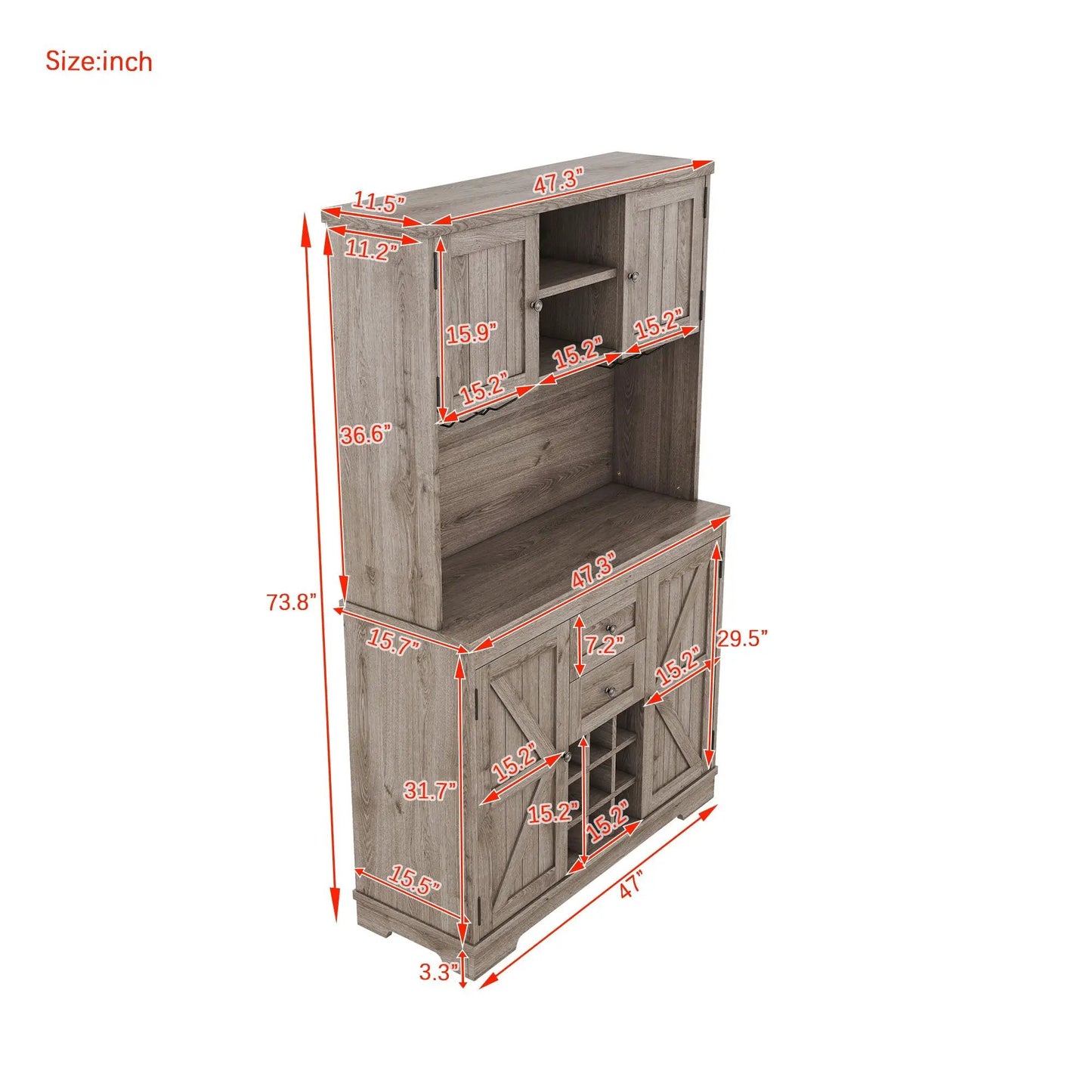 Coffee Bar Cabinet with Storage Drawers in gray wood finish with wine rack on Tampa Home & Garden Store
