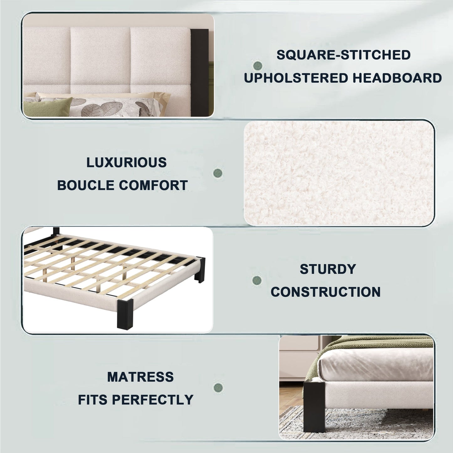 Boucle Cal King Bed Frame with a Cube Headboard