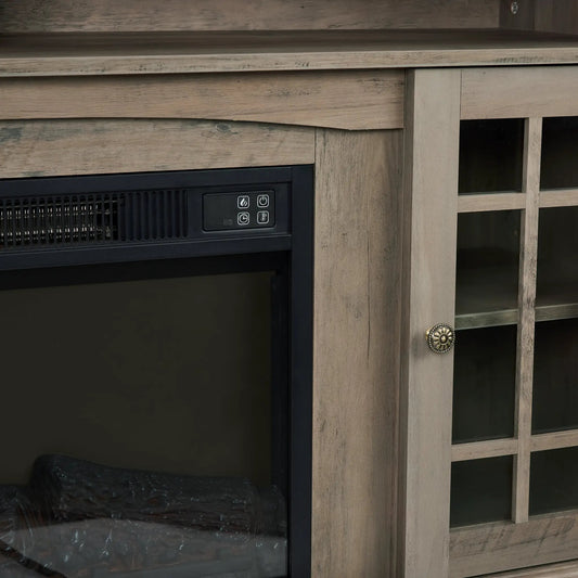 Classic TV media stand with fireplace inset in weathered wood finish and black insert on Tampa Home & Garden Store