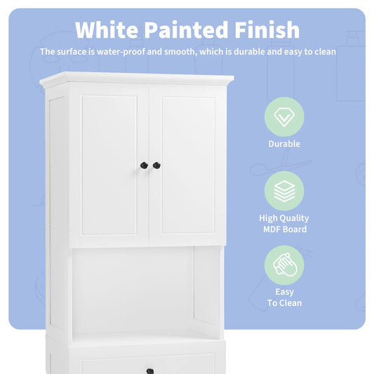 Tall white bathroom cabinet with four doors and black knobs on Tampa Home & Garden Store