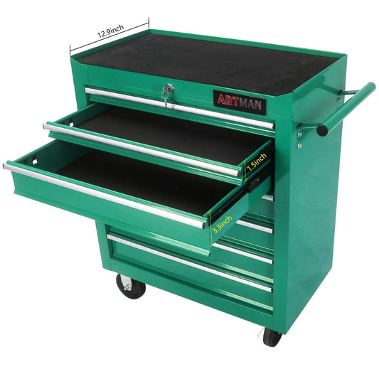 7-drawer tool cart on wheels, green metal with ARTMAN badge and black top on Tampa Home & Garden Store