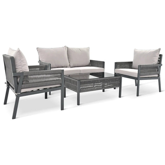 Three-piece grey wicker outdoor sofa set with glass table on Tampa Home & Garden Store