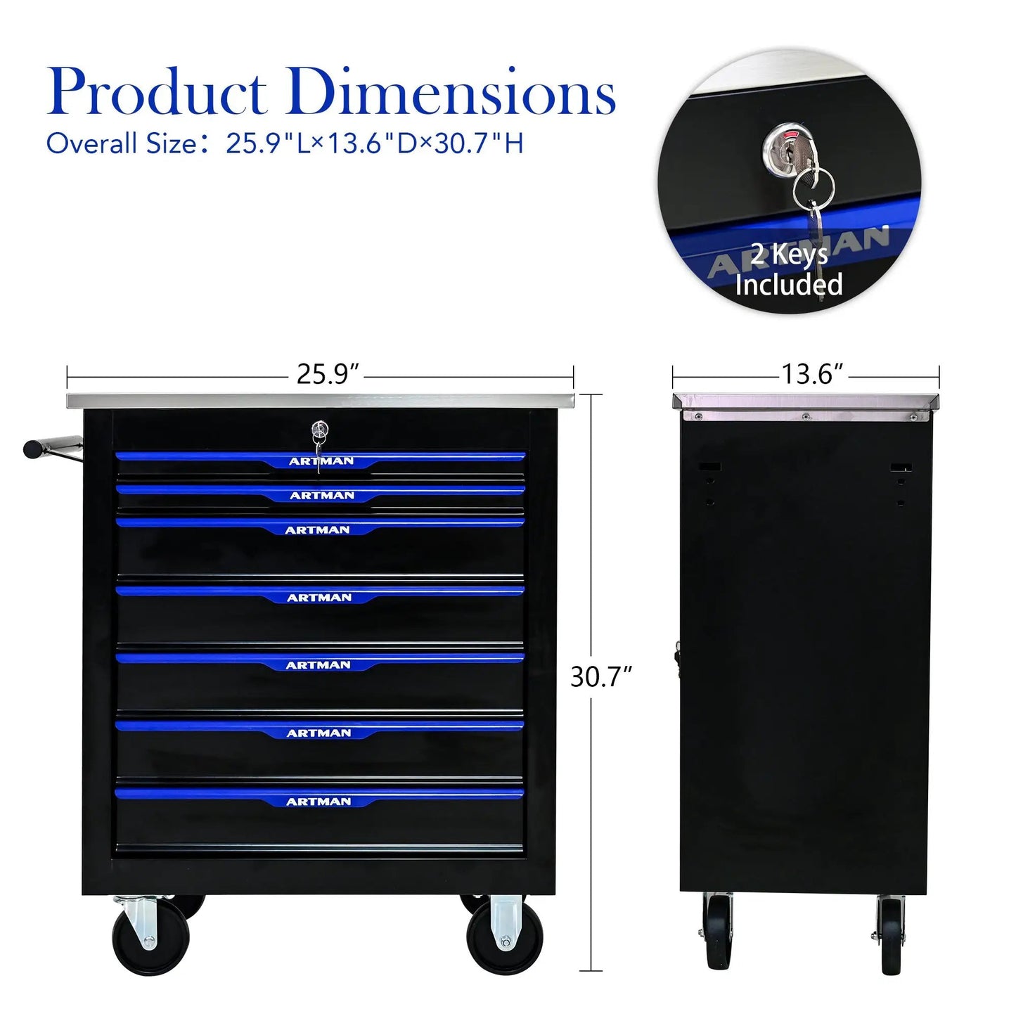 ARTMAN 7-drawer tool cart with blue drawers on wheels, 2 keys included, two-piece set on Tampa Home & Garden Store