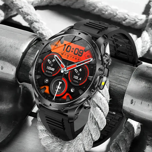 AK75 smart watch with flashlight for men, black metal case, orange dial, silicone strap on Tampa Home & Garden Store