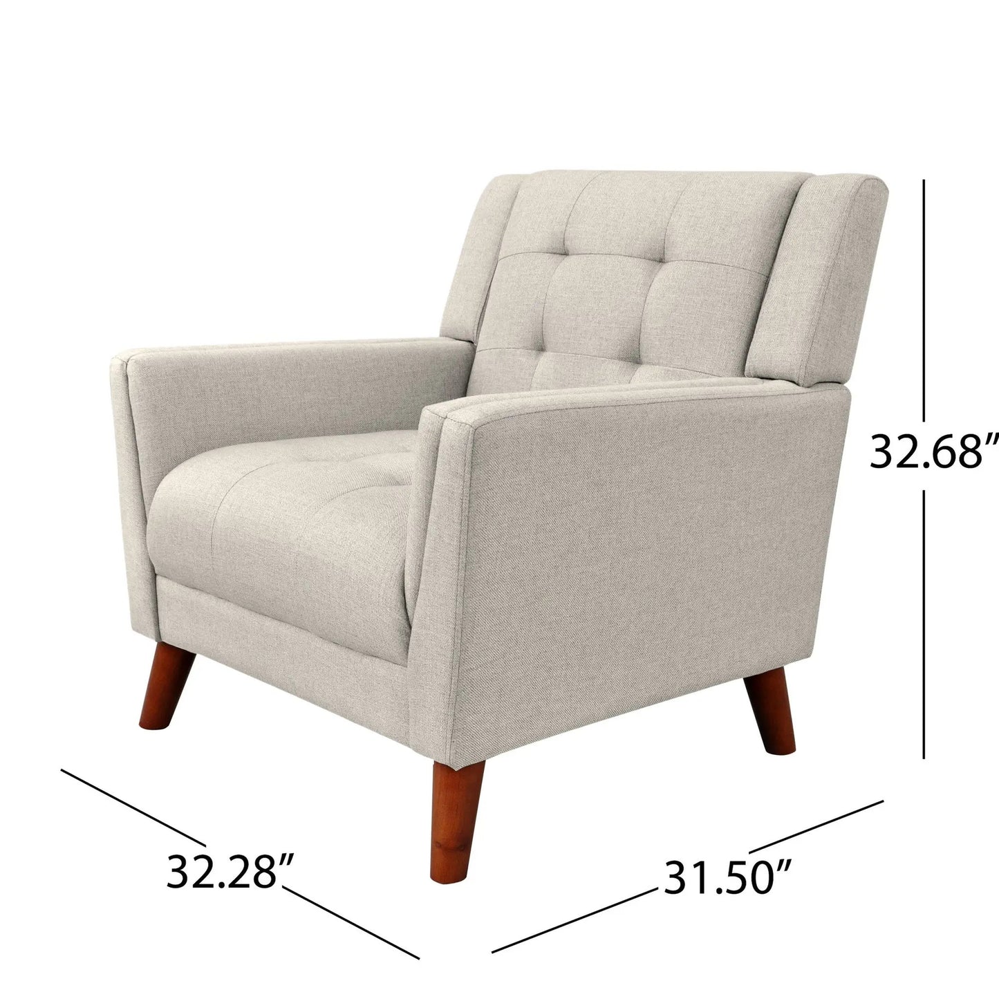 Mid Century Modern beige fabric armchair with tapered wooden legs on Tampa Home & Garden Store