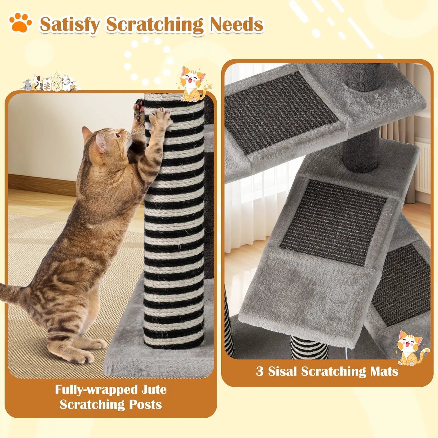 Tall gray cat tree with sisal rope posts and jute wrap; cat climbs carpeted steps beside 3 sisal mats on Tampa Home & Garden Store