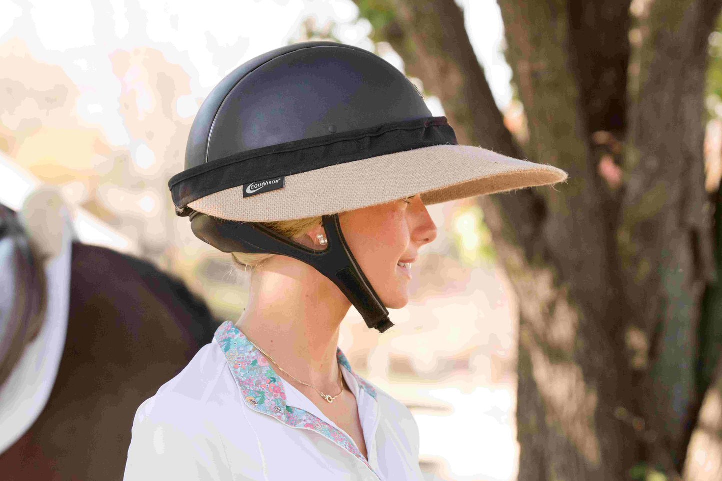 EquiVisor natural jute sun visor with black crown and beige brim logo tag on Tampa Home & Garden Store