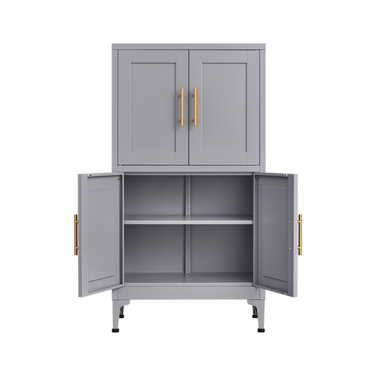 Grey metal pantry cabinet with two doors, gold handles and interior shelves on Tampa Home & Garden Store