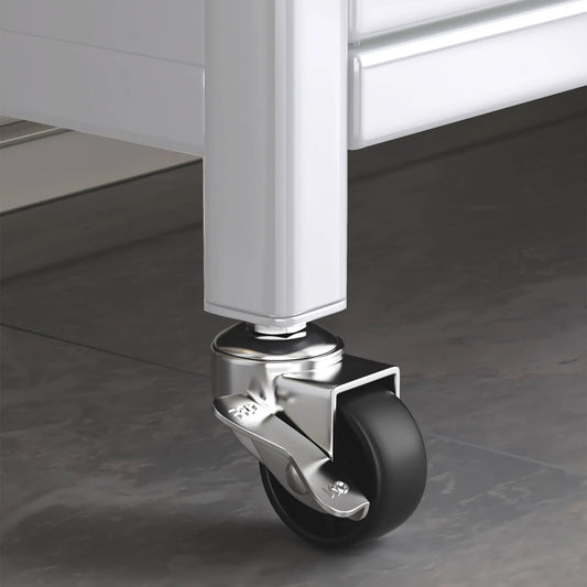 White metal storage shelf leg with chrome caster wheel for heavy-duty rack on Tampa Home & Garden Store