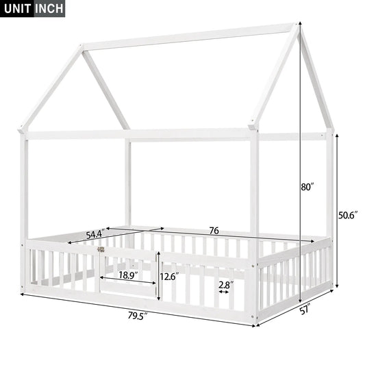 Full size wooden house bed with fence and door, white cabin bed by VIP Digital Presence on Tampa Home & Garden Store
