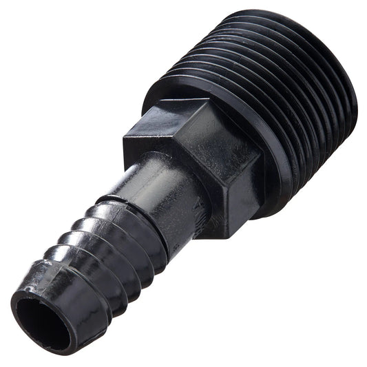 Three-quarters inch MPT to 1/2 inch barb adapter, black plastic Orbit irrigation sprinkler fitting on Tampa Home & Garden Store