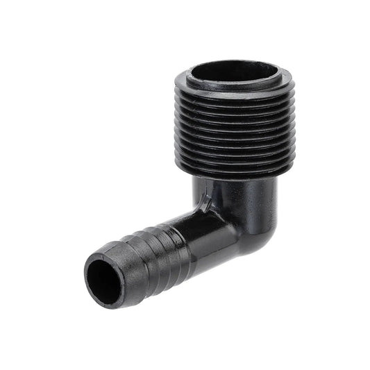 Three Quarter Inch MPT to Half Inch Barb Elbow Orbit Irrigation black plastic elbow on Tampa Home & Garden Store