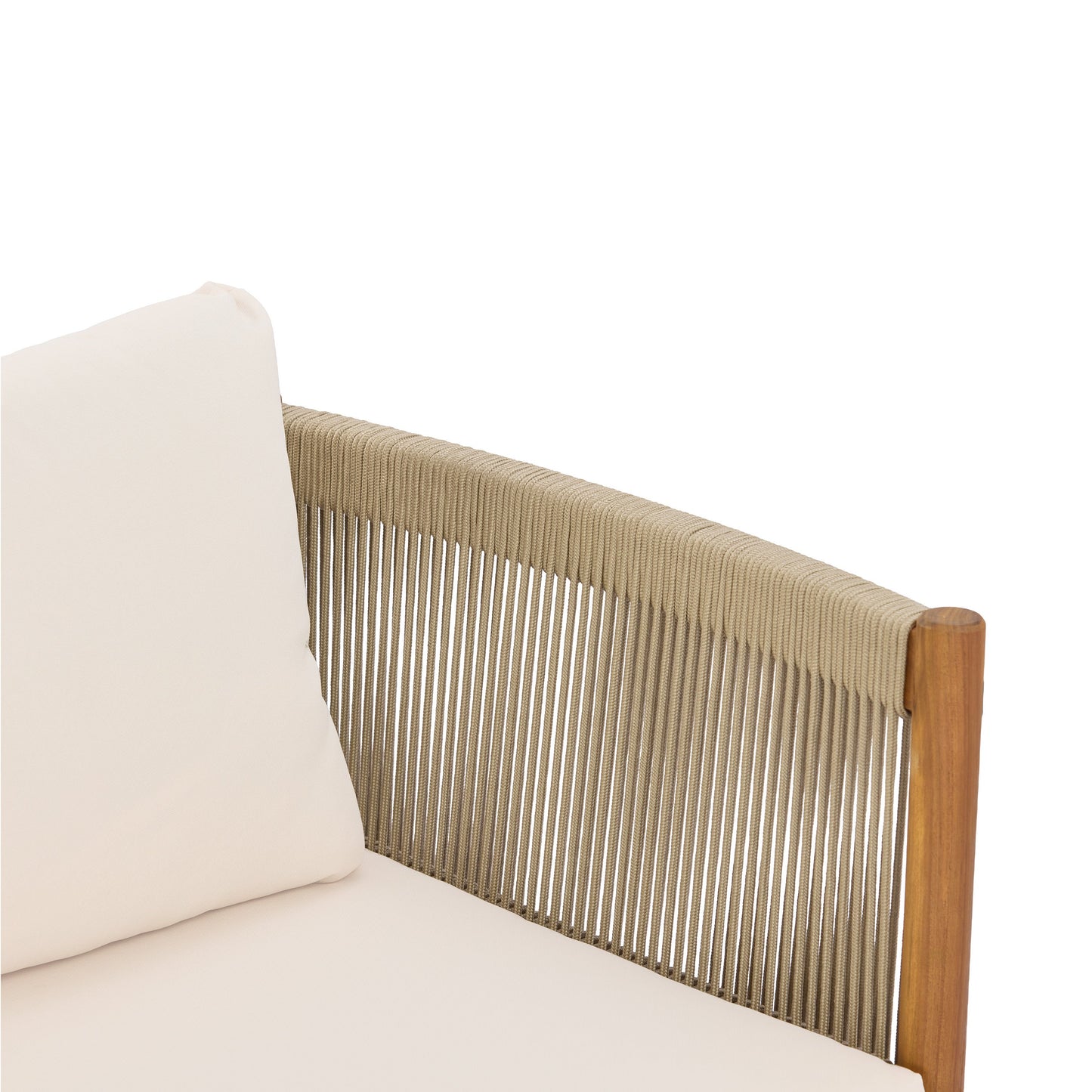 Outdoor loveseat with teak-look acacia wood frame and beige cushions, woven rattan arm on Tampa Home & Garden Store