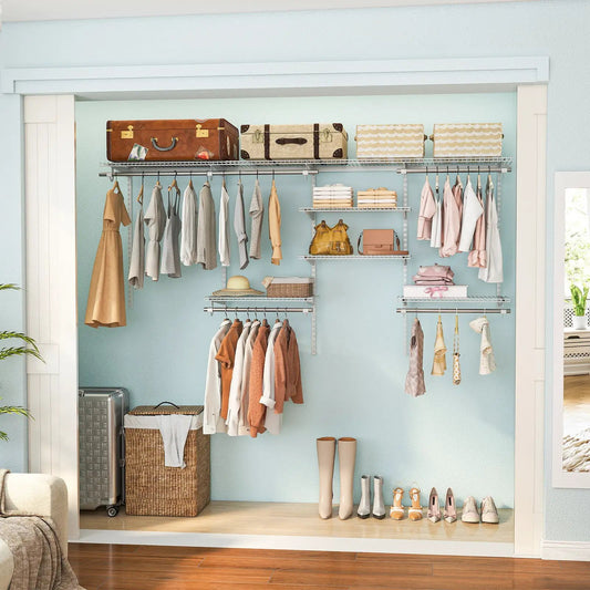 Closet Organizer System with Hanging Rod silver metal wire shelves on Tampa Home & Garden Store